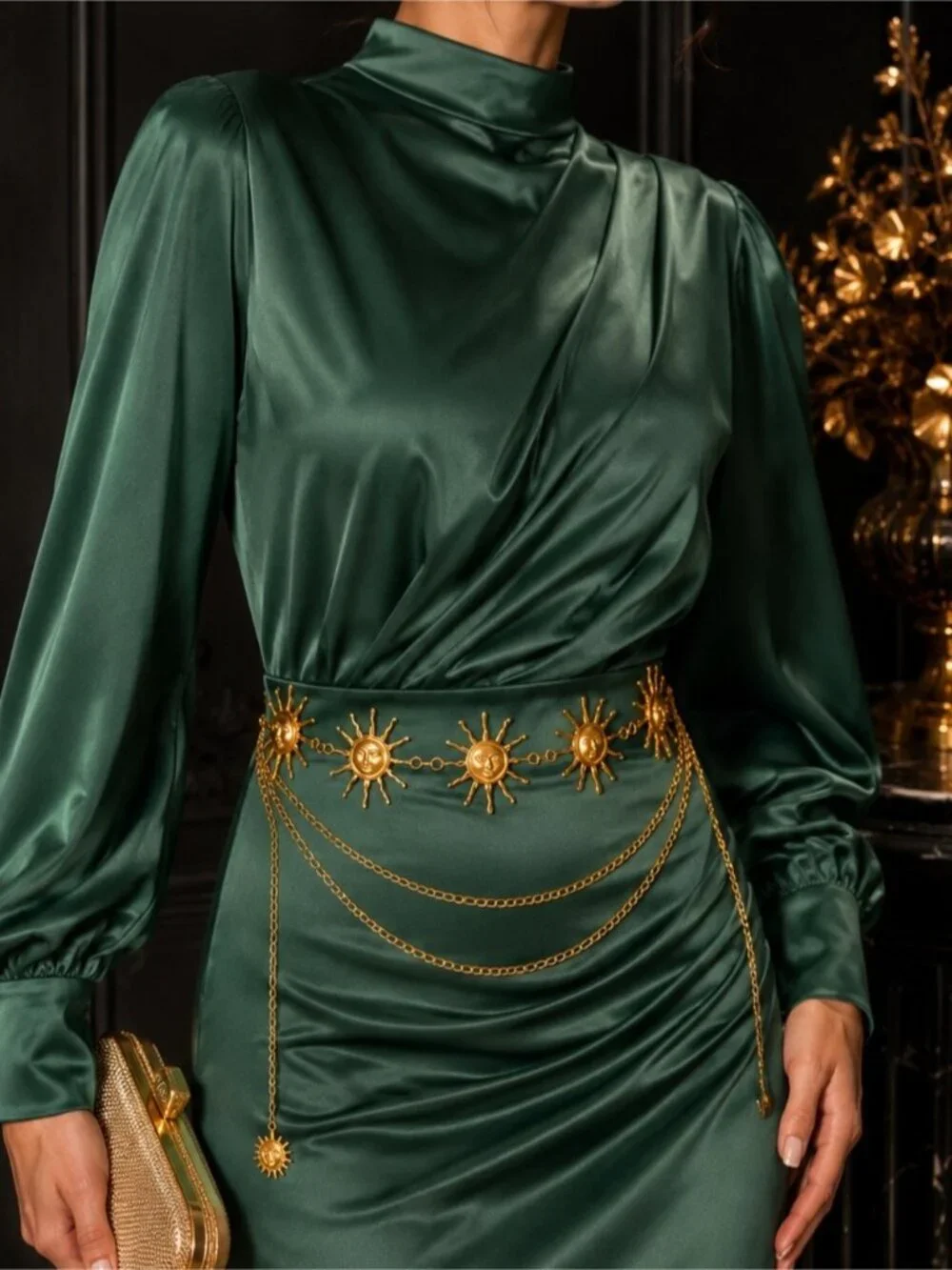 Gold Sun Chain Waist Belt with Rust Orange Wrap